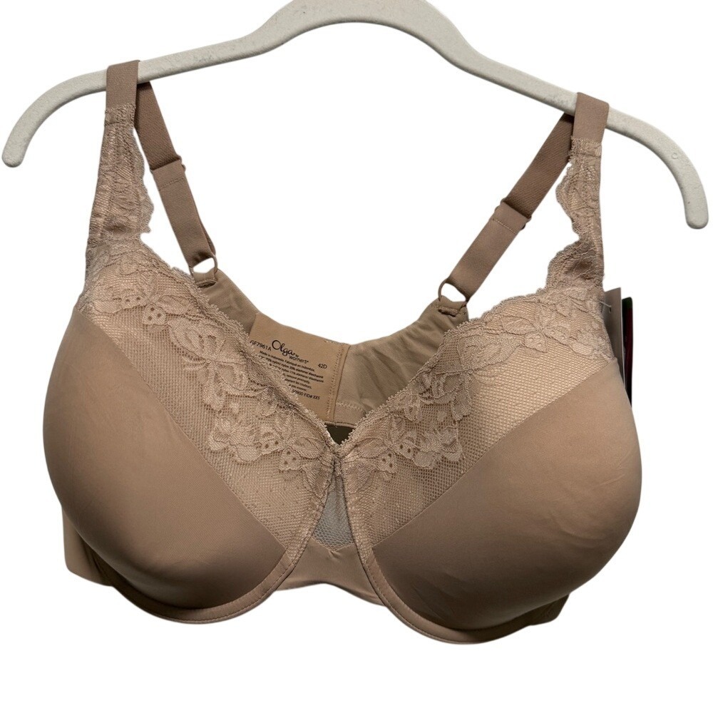 Olga Plus Size Cloud 9 Underwire Contour Bra with Lace Toasted Almond nude 42D
